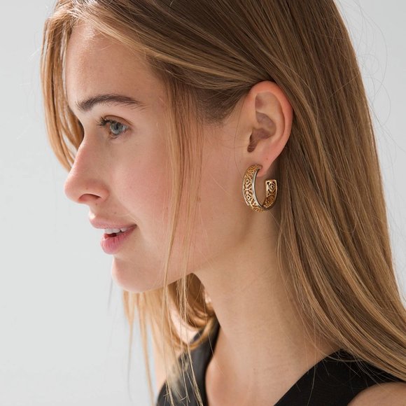 WHBM STUNNING! Goldtone + Silvertone Hoop Earrings FILIGREE - Picture 2 of 6